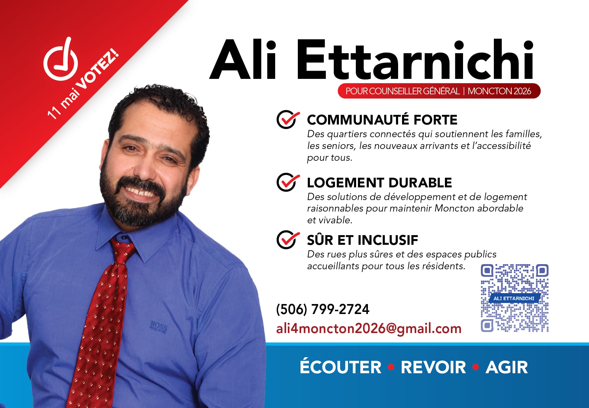 Ali Ettarnichi campaign poster — Vote May 11, 2026 for Moncton City Councillor At-Large